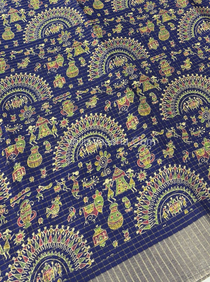 Light Weight Fancy Mixed Kota Cotton - Varli Design Printed Saree - violet Blue Shade - VVKPC001￼