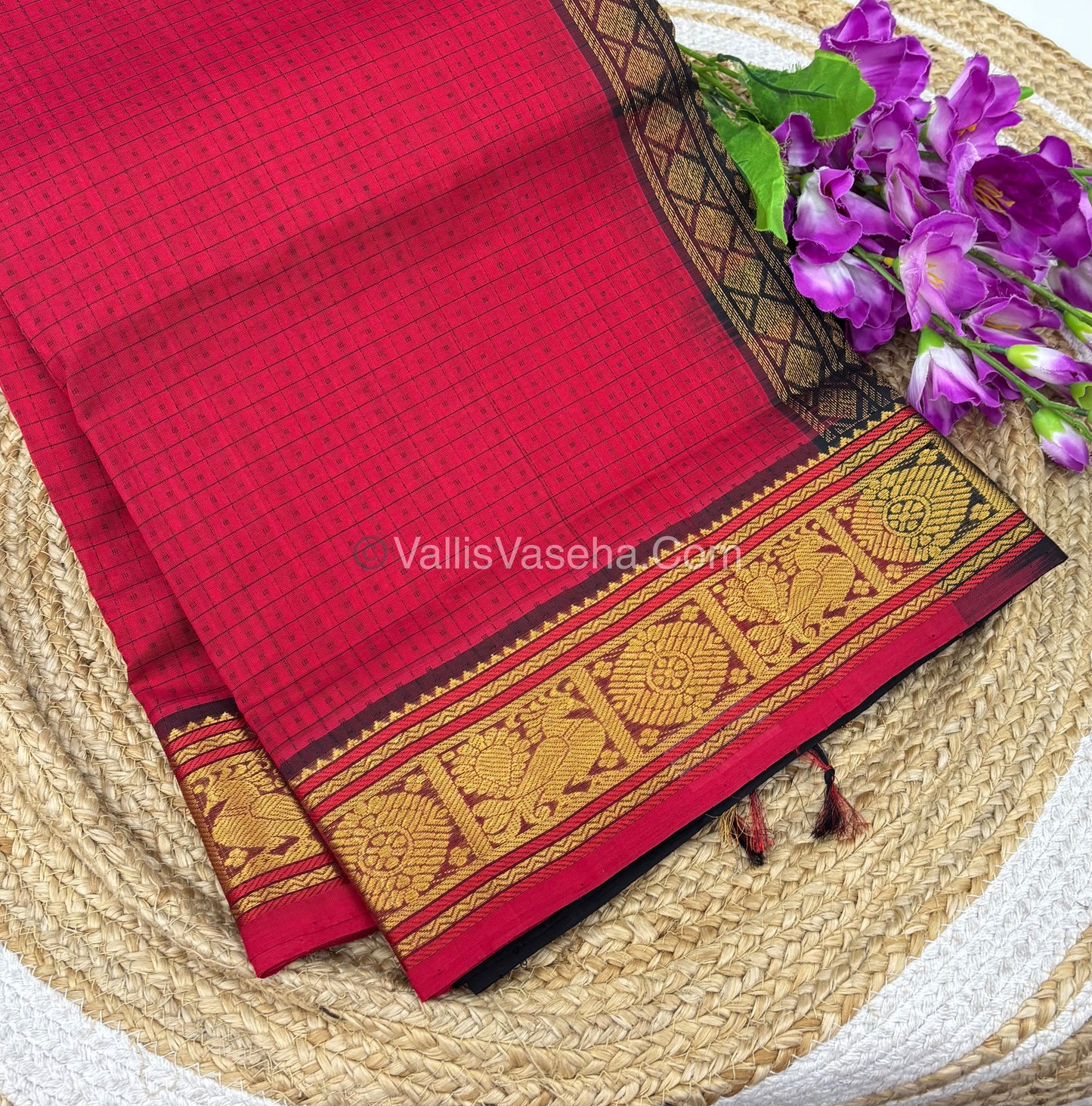 Pure Silk Cotton Saree - Red With Black Shade - Lakshadeepam Design - VVPLD001