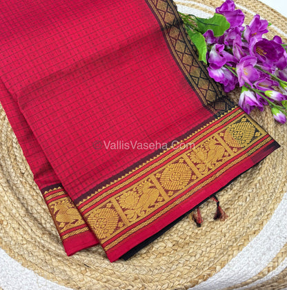 Pure Silk Cotton Saree - Red With Black Shade - Lakshadeepam Design - VVPLD001