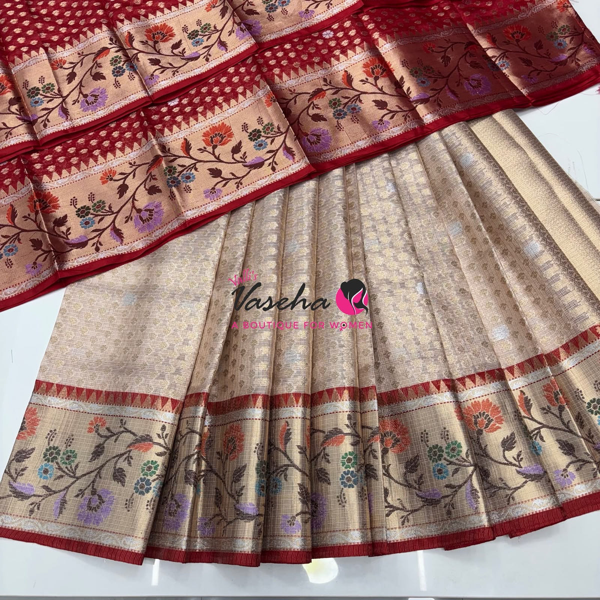 Unstitched - Lehenga Material - Zari Kota Tissue - Light Peach cream & Red - VVULM001