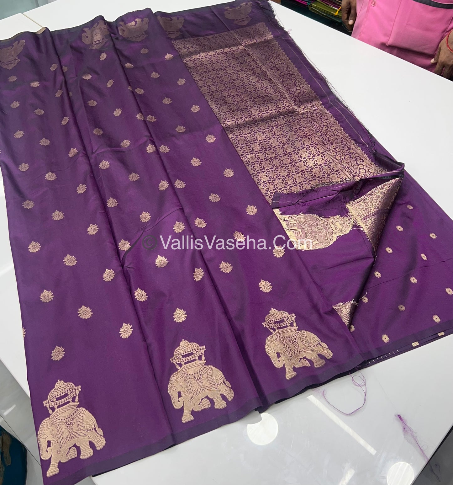 Semi Soft Silk - Elephant Butta Border - Dark Purple Shade -VVSSS011