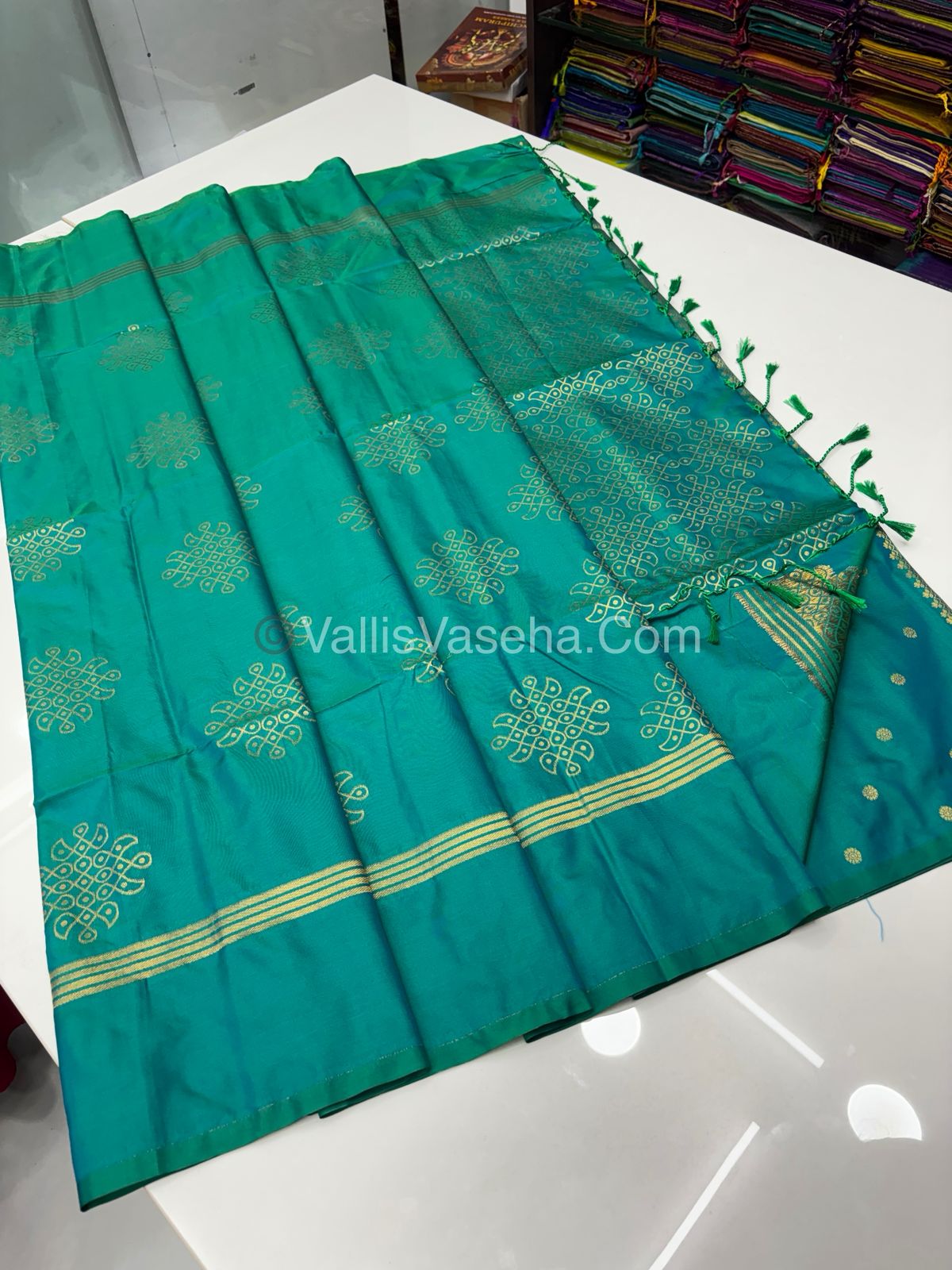 Semi Soft Silk - Kolam Design - Peacock Greenish Blue  Shade -VVSSS029