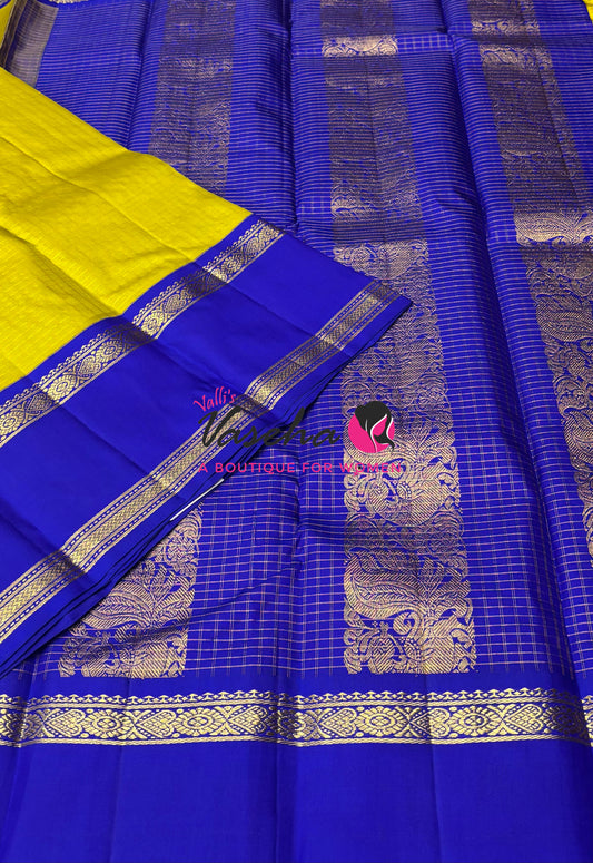 Pure Vintage Korvai Kanchipuram Silk Saree - Lemon Yellow With Blue - VVPS102