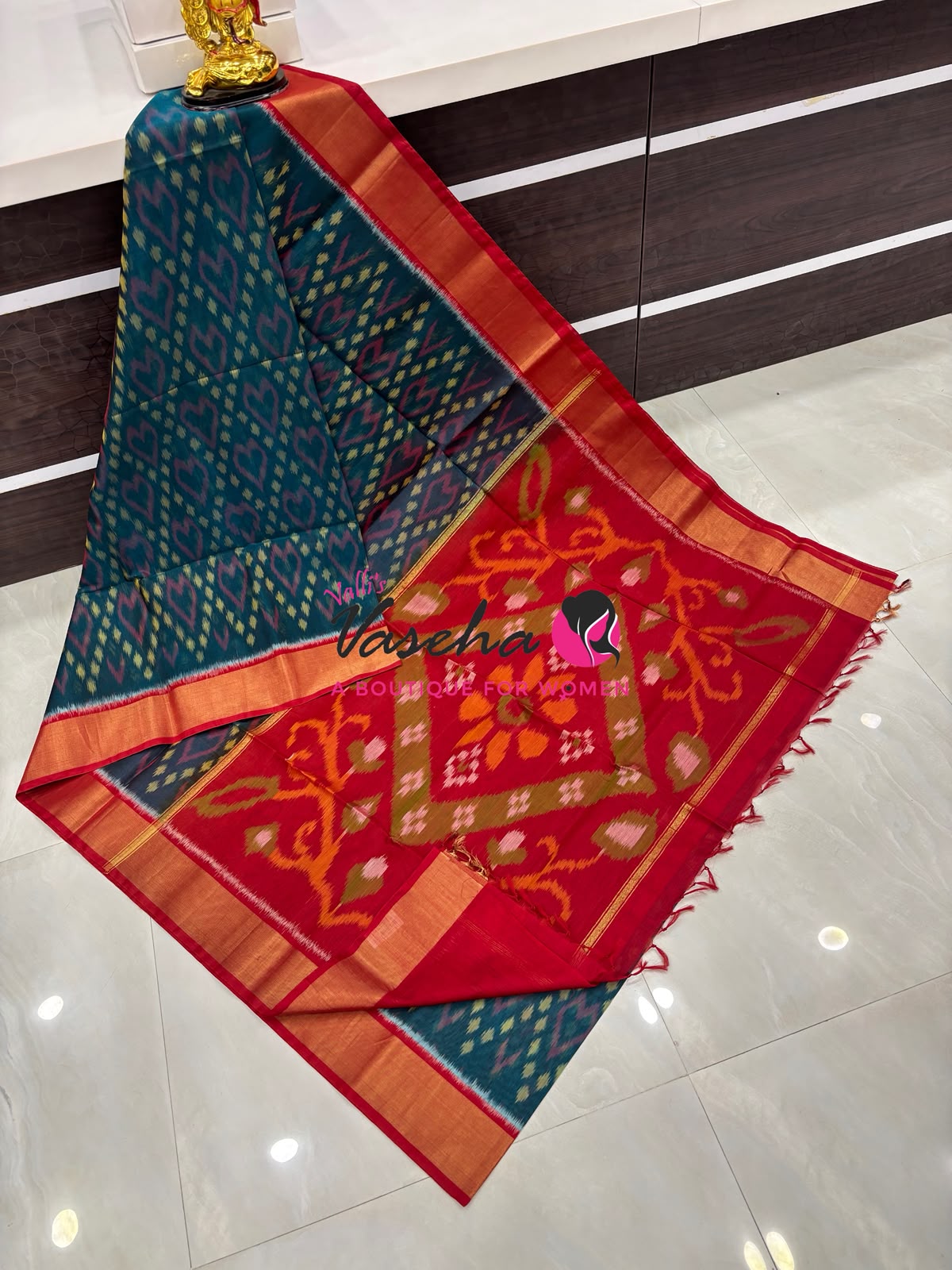 Pochampally Silk Cotton Saree - Ramar Blue & Red Shade - VVPPS001