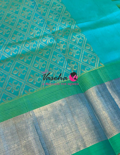Pure Korvai Silk Cotton Saree - Yellow With Blue Shade Temple border - VVKSC001