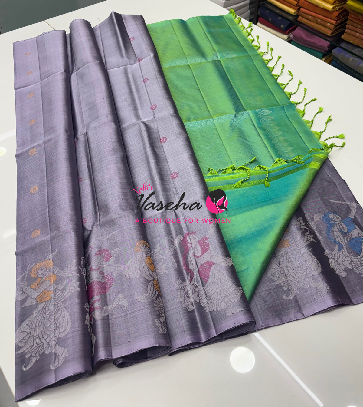 Pure Soft Silk Saree  - Grey With Dual Tone Green Combo - VVPSS139