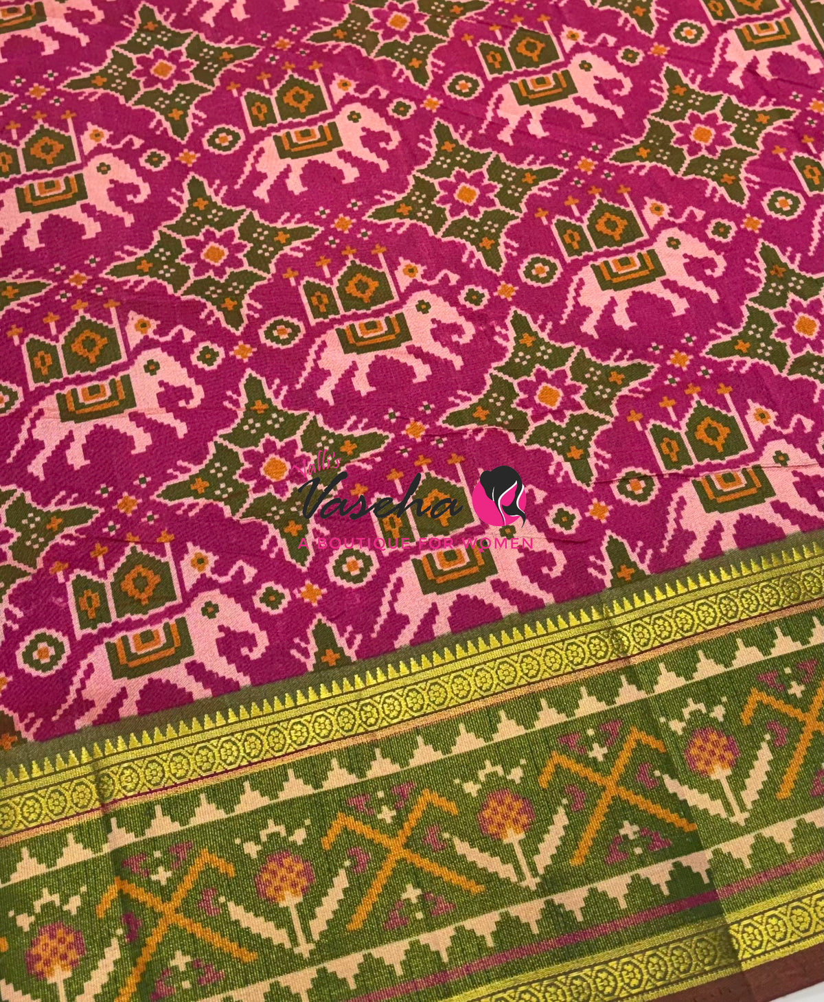Semi Patola | Printed Silk Saree - Pink With Green Combo - VVSPS001
