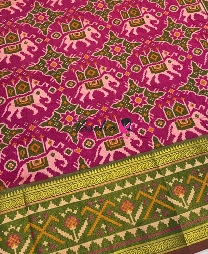 Semi Patola | Printed Silk Saree - Pink With Green Combo - VVSPS001