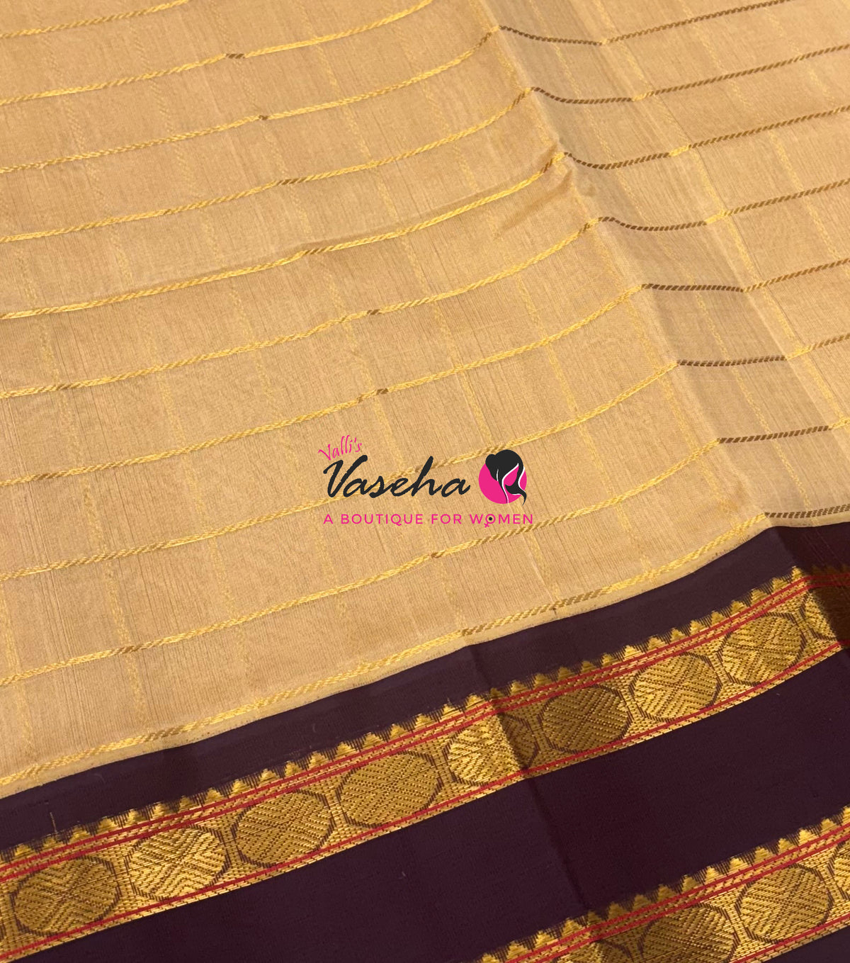 Pure Korvai Silk Cotton With Retta Petta Border - Checks pattern - Chikku & Wine Brown - VVKSC013