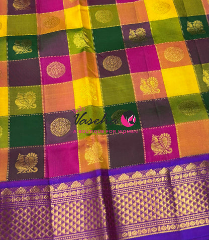 Pure Korvai Kanchipuram Silk Saree - Pazhum Pazhamum Checks - 10 Yards - VVPSTY001