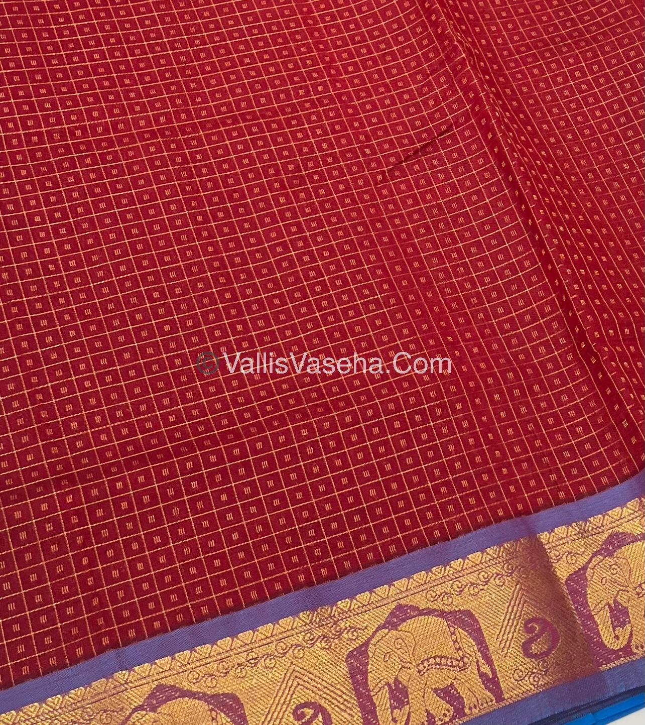 Semi Silk Cotton Saree - Mustand Red With Blue Shade - VVSSC006