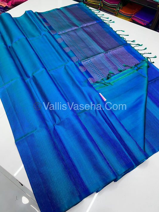 Pure Soft Silk Saree - Antique Zari - Border Less - Peacock Blue - VVPSS037