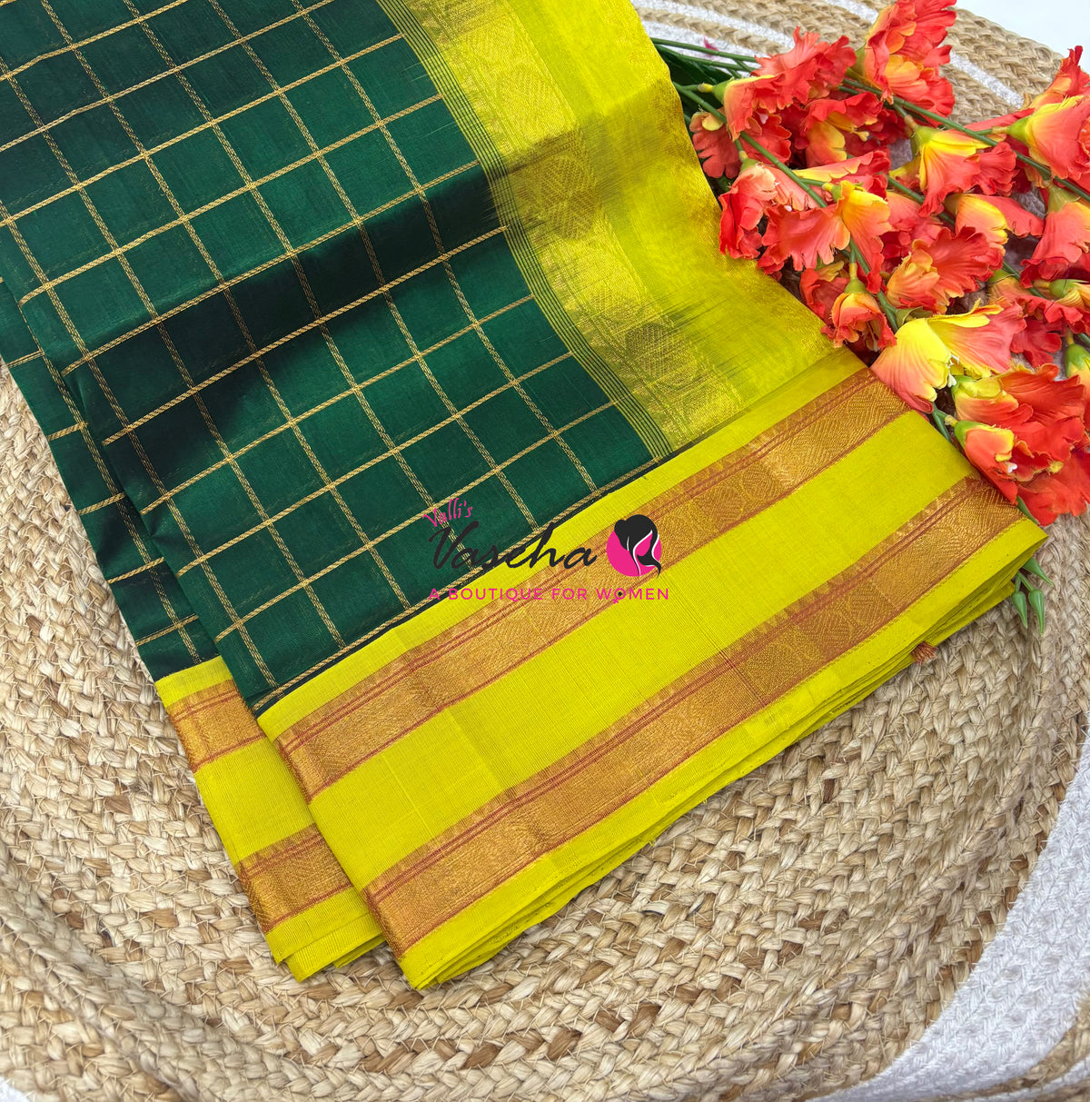 Pure Korvai Silk Cotton With Retta Petta Border - Checks pattern - Green & Lemon Yellow - VVKSC013