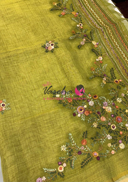 French Knot - Linen Tissue Saree - Green Shade - VVLFN018