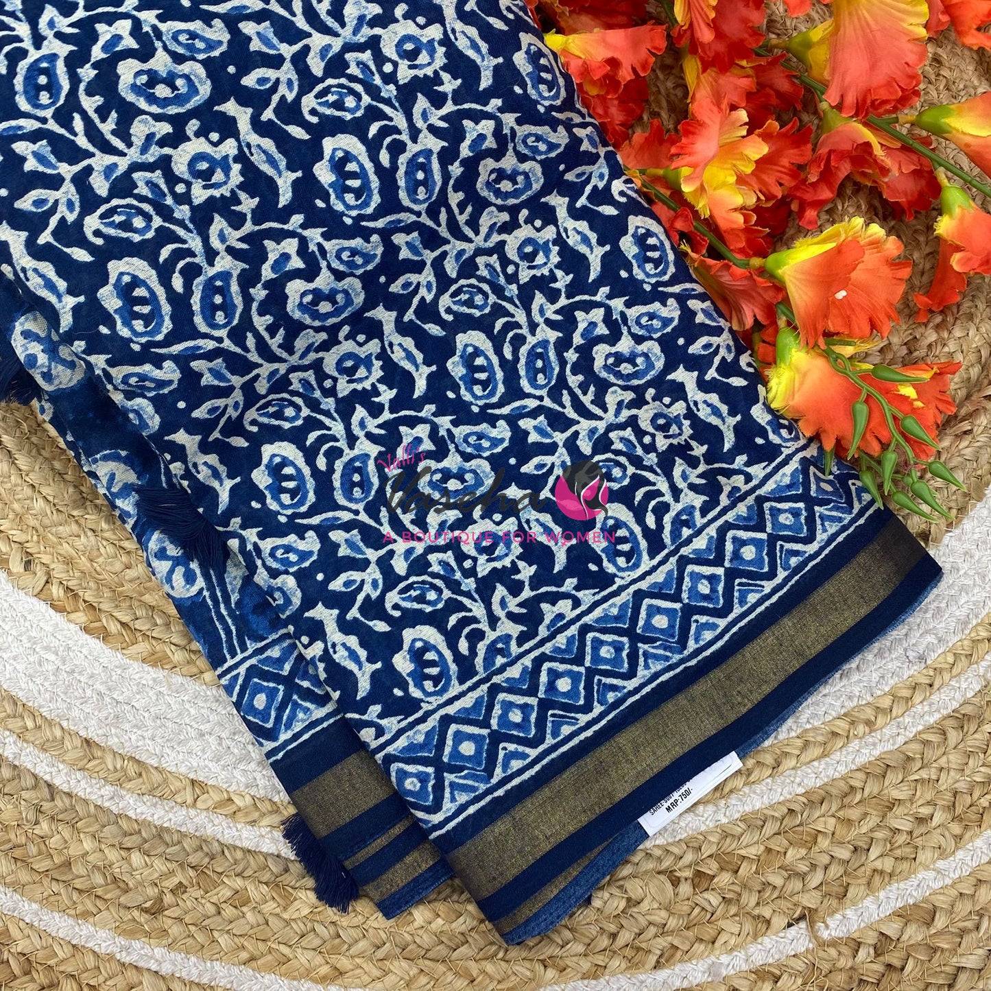 Semi Maheshwari Mixed Cotton Saree - Linen Feel - Indigo Blue - VVMSC008