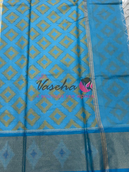 Banarasi Pochampally Weaving Semi Soft Cotton Saree - White with Blue  - VVBPS001