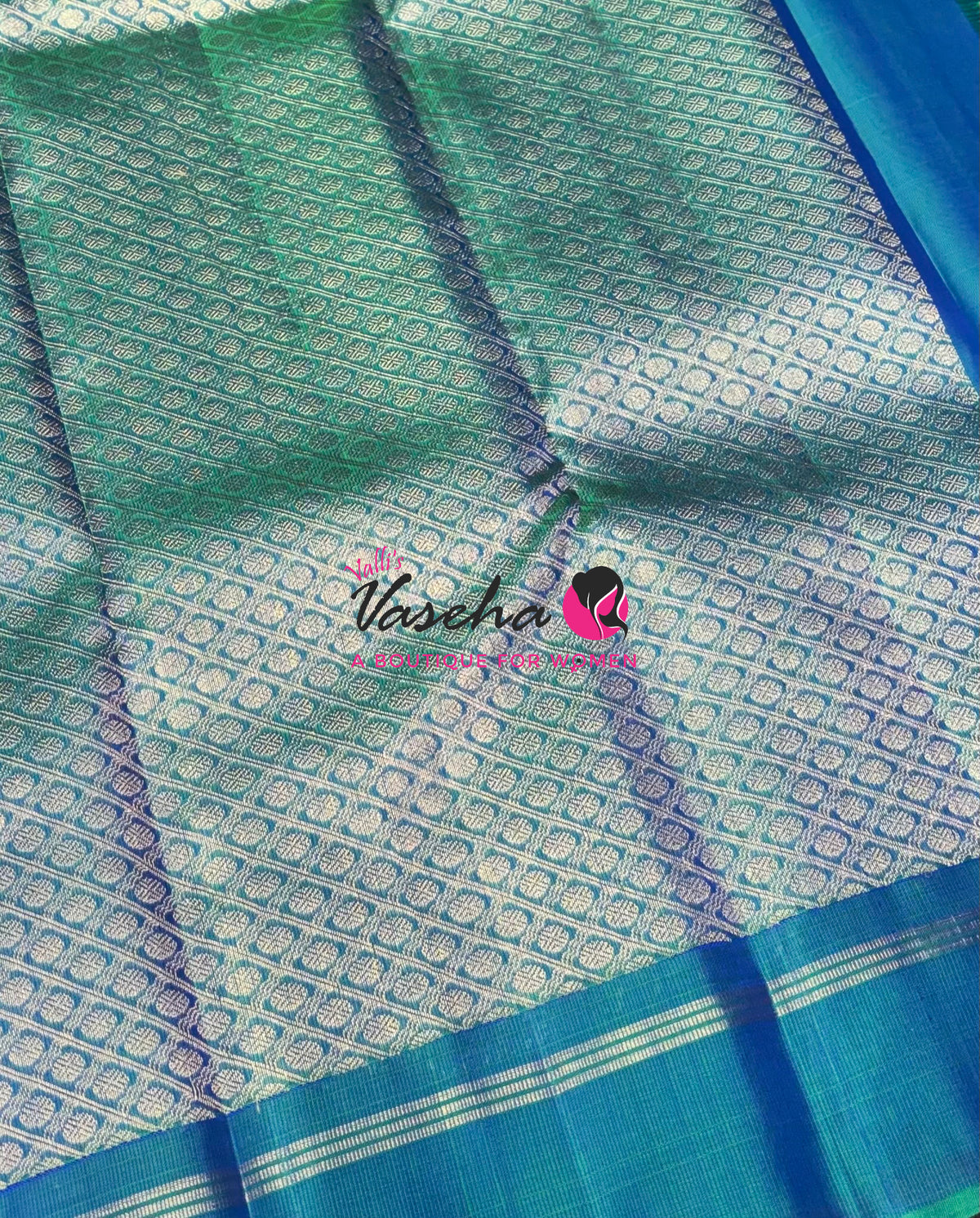 Pure Kanchipuram Silk Saree - Peach With Peacock Blue Combo - VVPS021