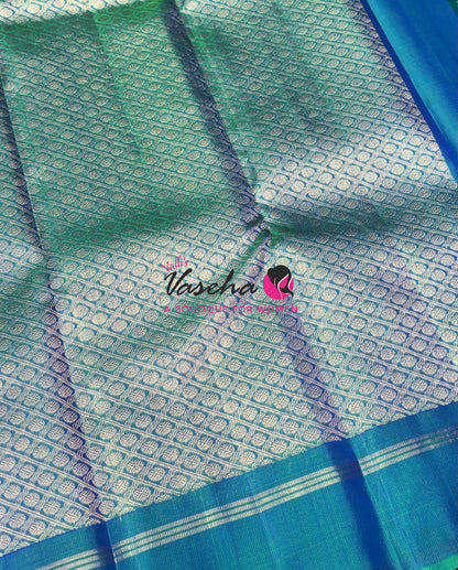 Pure Kanchipuram Silk Saree - Peach With Peacock Blue Combo - VVPS021