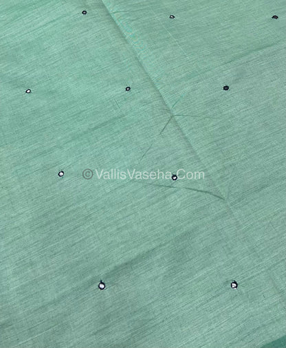 South Mixed Cotton - Mirror Work Embroidery - Light Pastel Green With Blue - VVPCM002