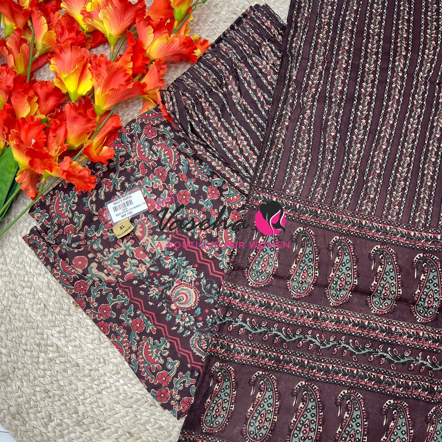 Ready Made | Anarkali - Kalamkari Print |Salwar, Kameez & Duppatta(3pc)|Cotton |Wine - VVAS008