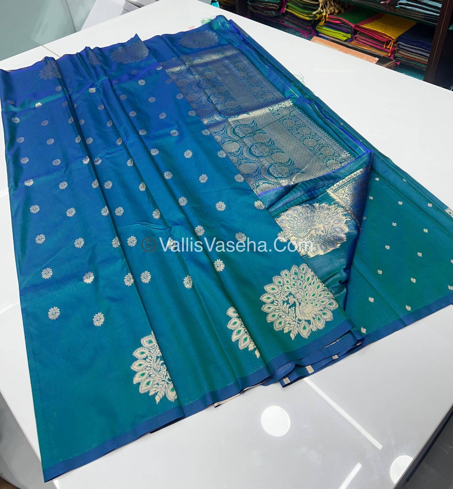 Semi Soft Silk - Peacock Butta Border - Peacock Blue Shade -VVSSS011
