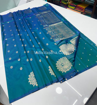 Semi Soft Silk - Peacock Butta Border - Peacock Blue Shade -VVSSS011