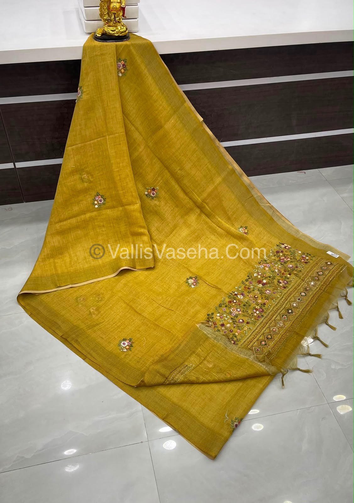 French Knot - Linen Tissue Saree - Mustard Green Shade - Heavy Work Blouse - VVLFN012