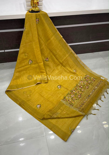 French Knot - Linen Tissue Saree - Mustard Green Shade - Heavy Work Blouse - VVLFN012