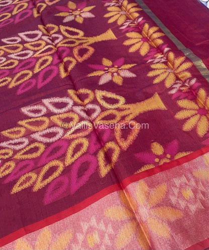 Banarasi Pochampally Weaving Semi Soft Cotton Saree - Purplish Pink with Maroon - VVBPS001