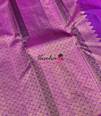 Pure Kanchipuram Silk Saree - Half & Half - Double Tone Peacock Blue with Purplish Pink Shade - VVPS064