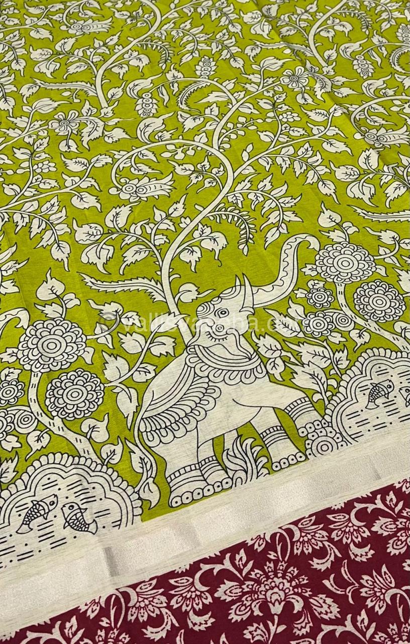 Casual Wear - Semi Silk Mixed - Kalamkari -Lemon Green With Merun - VVSSK001