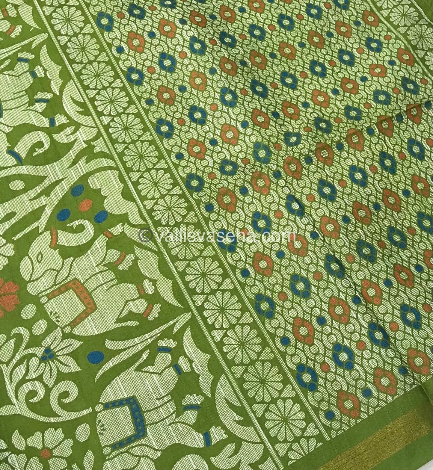 Semi Tussar / Semi Chappa Silk |Peacoak Design | - Cream & Green Combo - VVSTS018