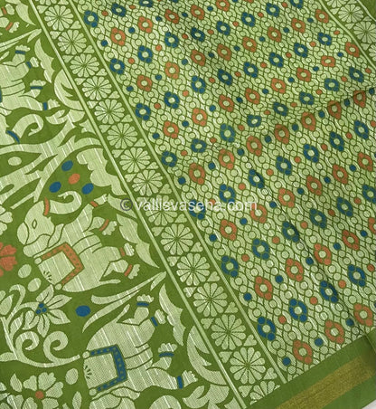 Semi Tussar / Semi Chappa Silk |Peacoak Design | - Cream & Green Combo - VVSTS018