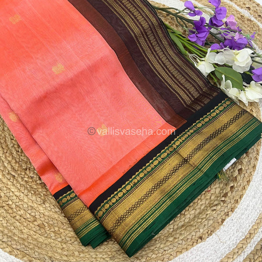 Pure Korvai Silk Cotton Saree - Peach with Green & Black - VVKSC004