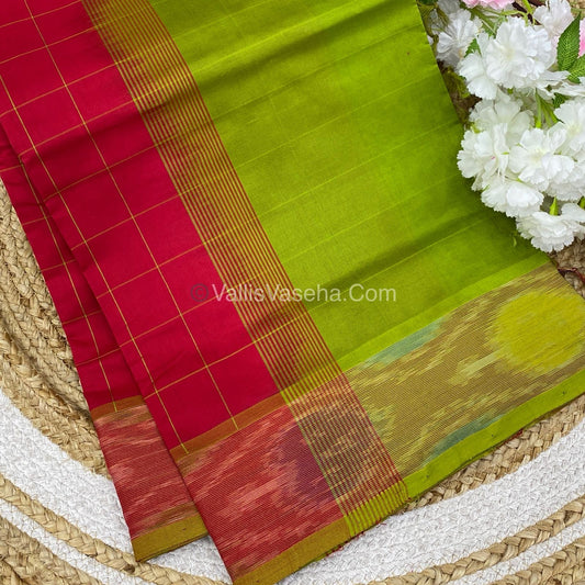 Semi Silk Cotton Saree - Red & Green - VVSSC001