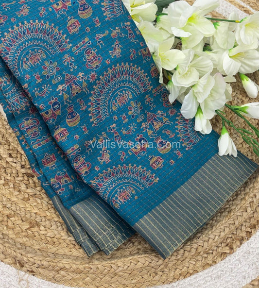 Light Weight Fancy Mixed Kota Cotton - Varli Design Printed Saree - Ramar Blue Shade - VVKPC001
