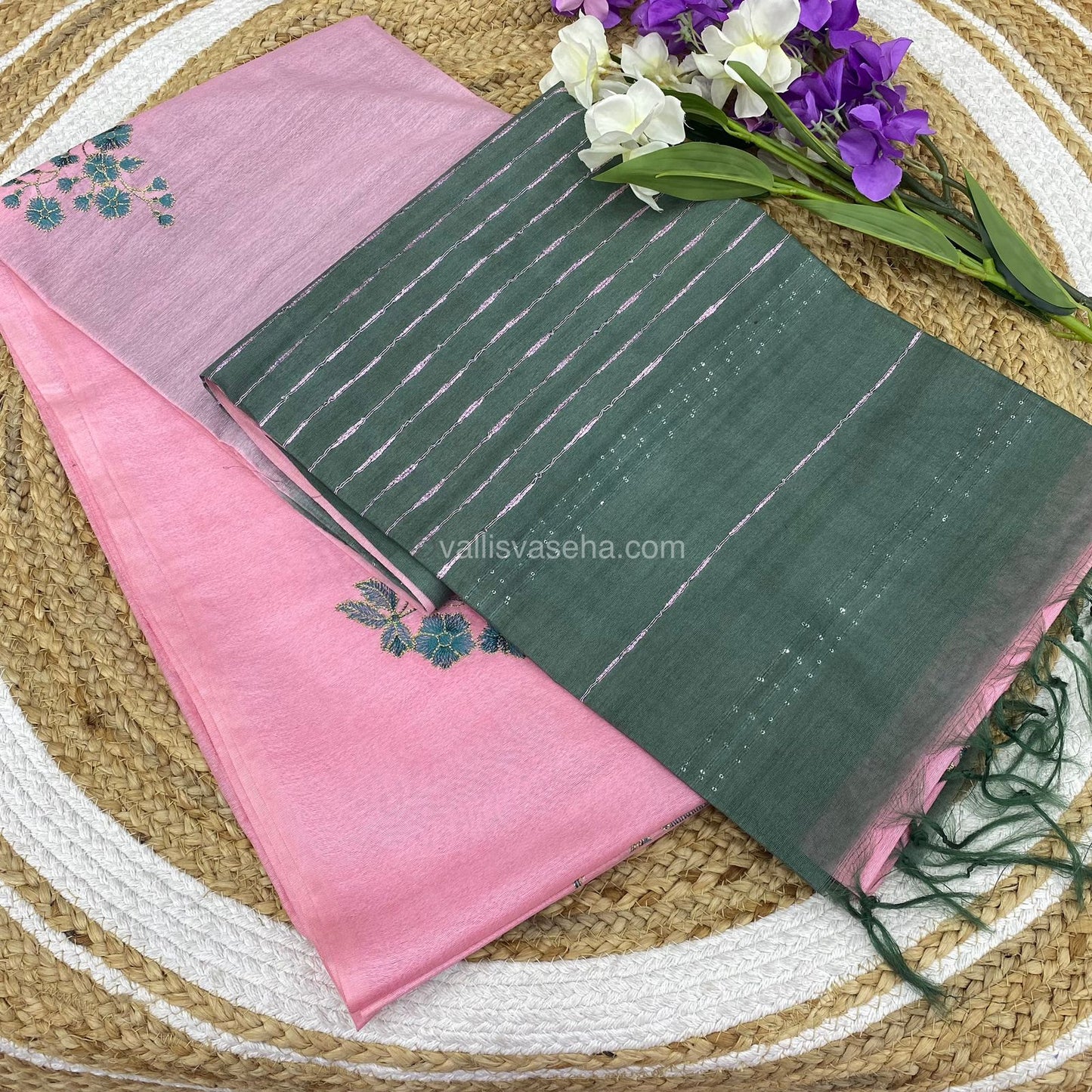 Bhagalpuri Silk - Embroidered - Light  Pink & Green - VVBS001