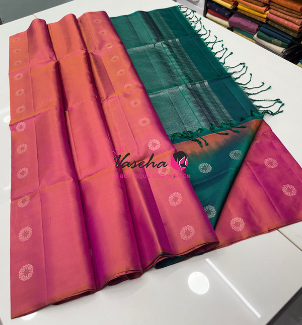 Pure Soft Silk Saree - Border Less  - Dual Tone Pink & Peacock Green Combo - VVPSS055