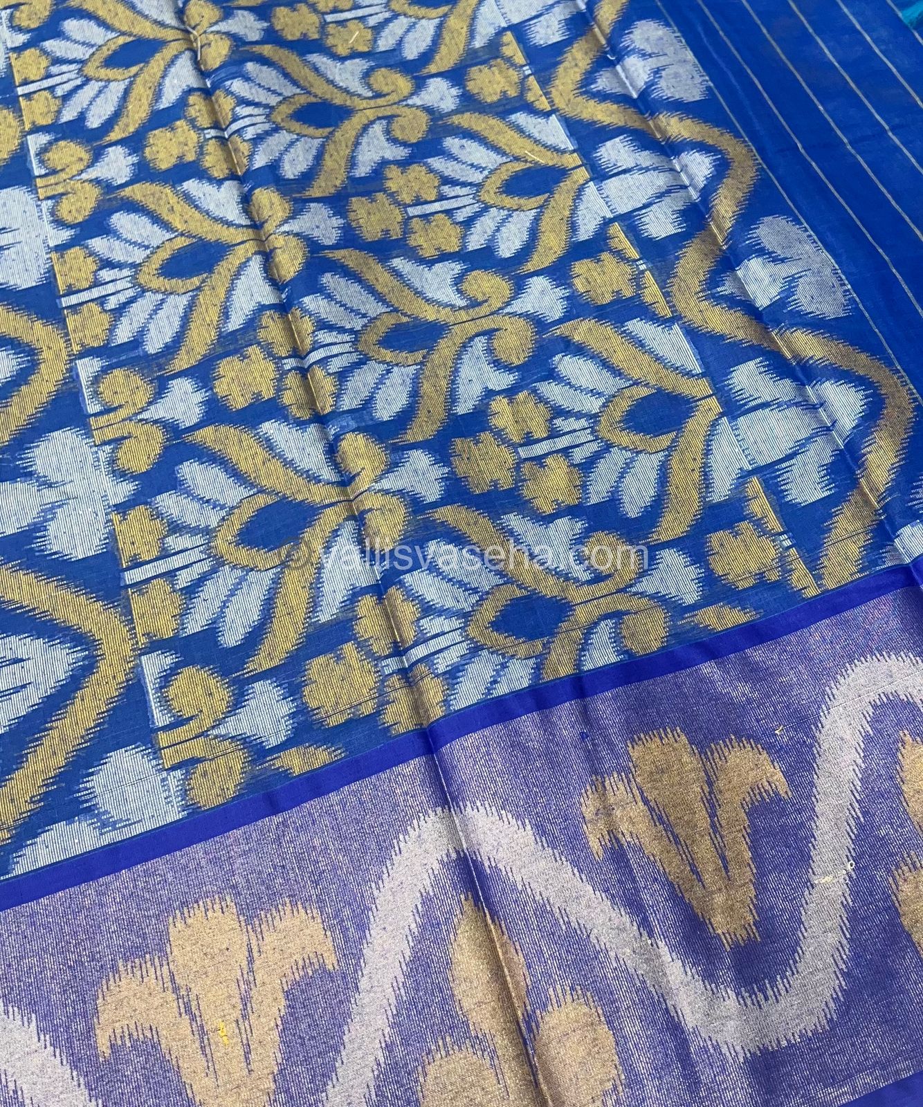 Banarasi Pochampally Weaving Semi Soft Cotton Saree - Sea Green with Blue - VVBPS001