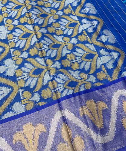Banarasi Pochampally Weaving Semi Soft Cotton Saree - Sea Green with Blue - VVBPS001