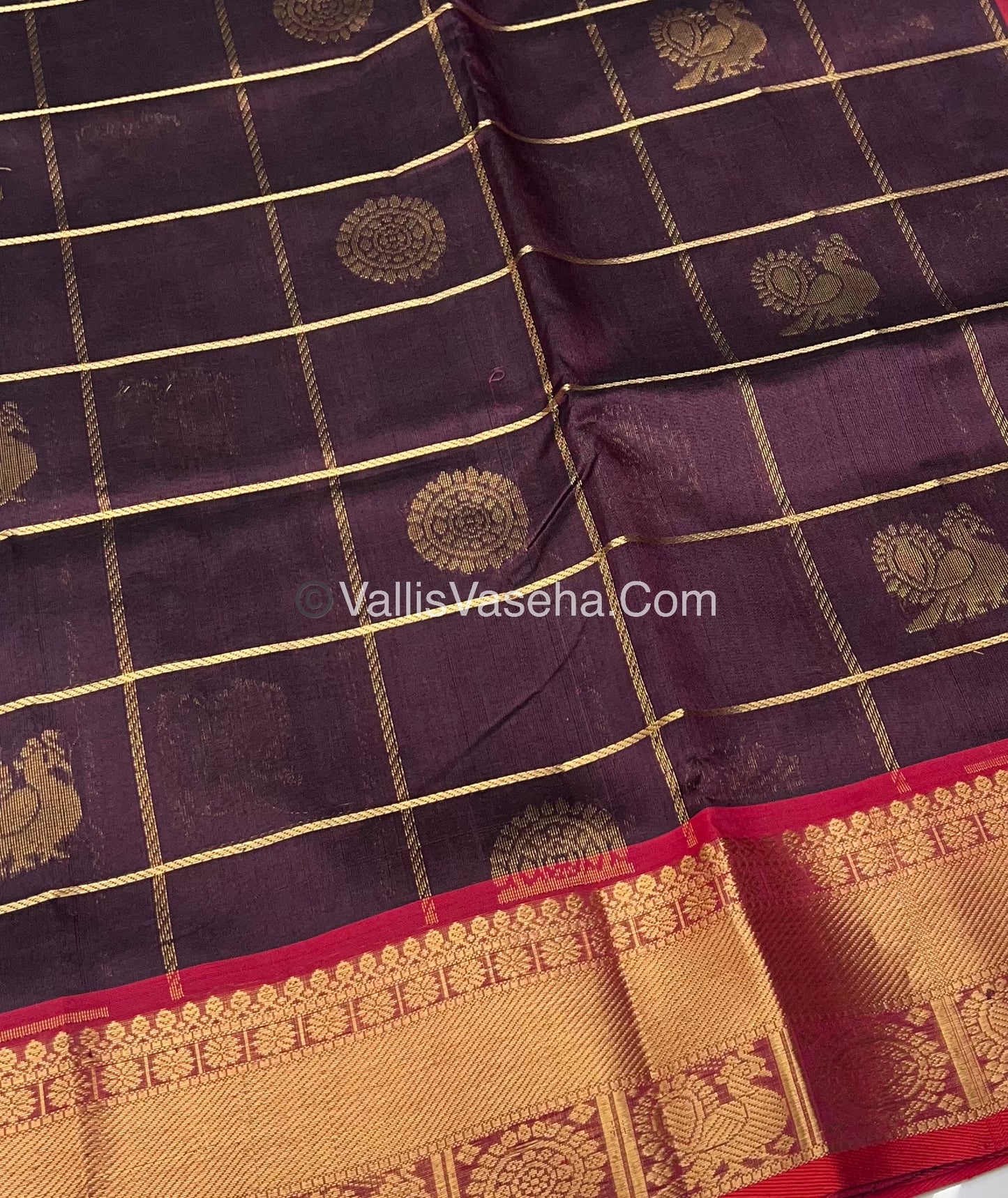 Pure Silk Cotton Saree - Mayil & Chakkaram Design - Brown & Red - VVMC001