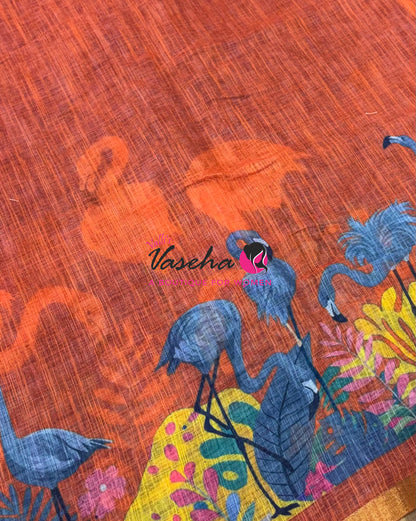 Linen Mixed Cotton Saree - Printed - Purple With Orange Shade - VVLMP002