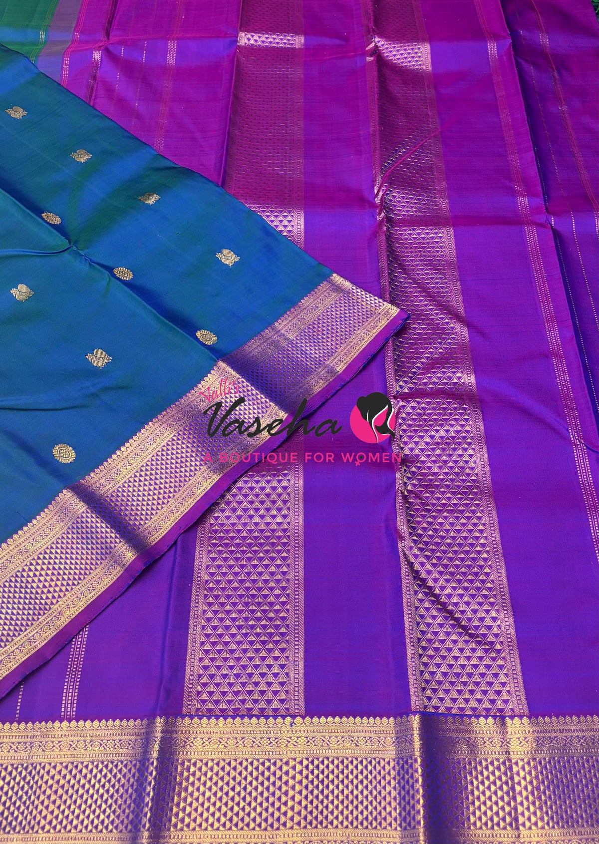 Pure Kanchipuram Silk Saree - Peacock Blue & Purple Combo - VVPS025