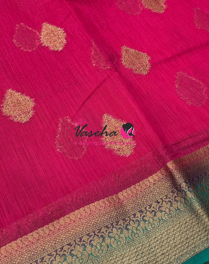 Bamboo Silk Saree - Pink with Blue - VVBSS018