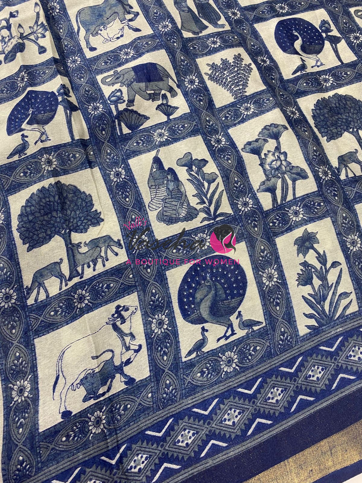 Semi Maheshwari Mixed Cotton Saree - Linen Feel - Indigo Blue - VVMSC008