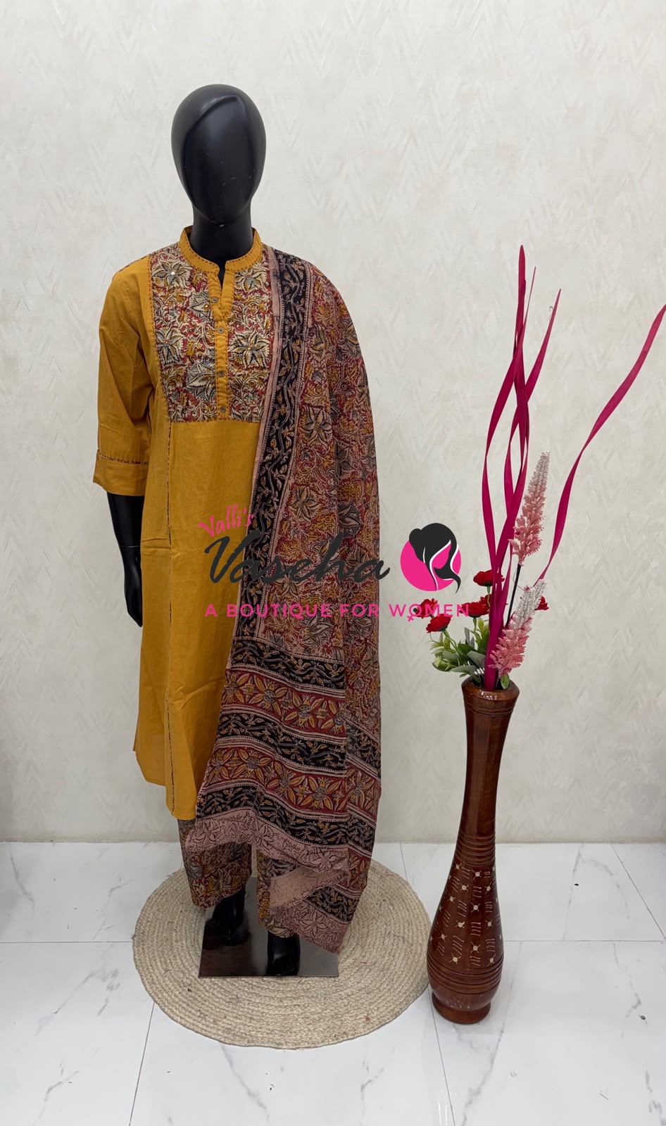 Ready Made - Pure Kalamkari Cotton - Salwar,Kameez & Duppatta(3pc)-Yellow- VVRKC002