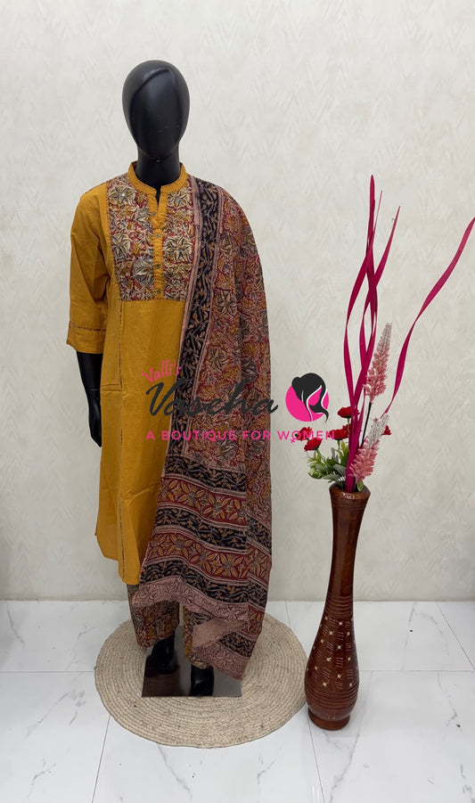 Ready Made - Pure Kalamkari Cotton - Salwar,Kameez & Duppatta(3pc)-Yellow- VVRKC002
