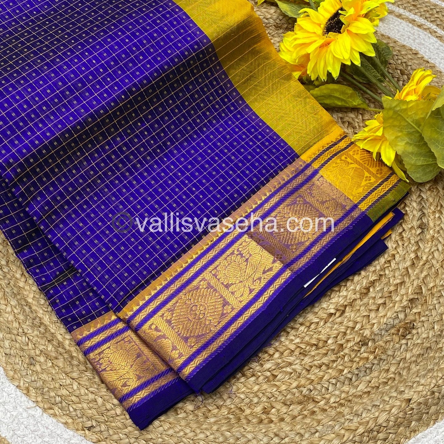 Pure Silk Cotton Saree - Blue with Yellow - Lakshadeepam Design - VVPLD001