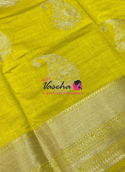 Semi Tussar Silk Saree | Lemon Yellow Shade |VVSTS055