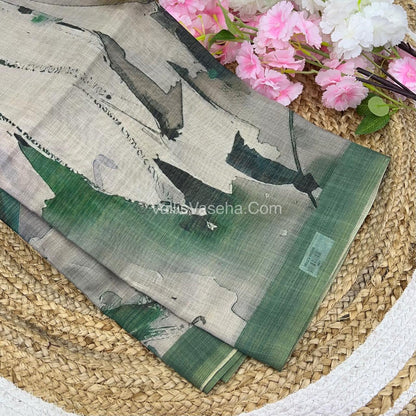 Tissue Linen Saree - Cloud Design - Green Shade - VVTLS002